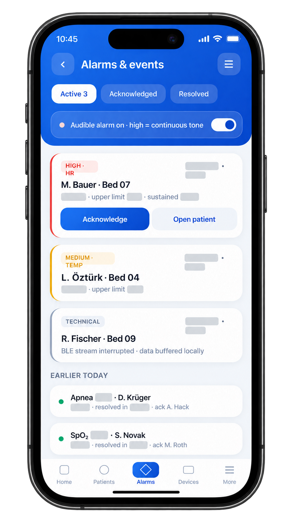 VITALDOCTOR mobile alarm dashboard showing prioritised alarms and acknowledgement controls