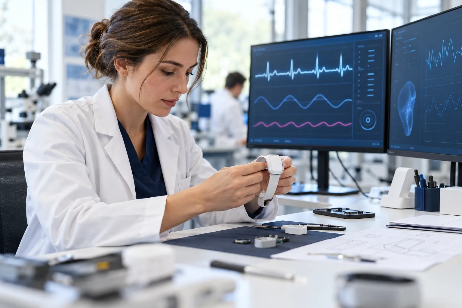 Medizintechnikentwickler bei der Arbeit mit physiologischen Signalen