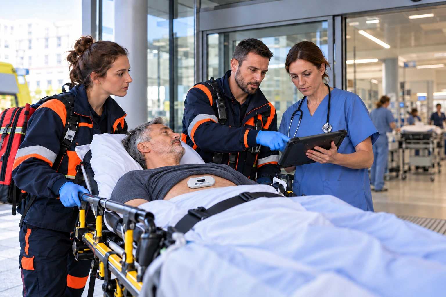 Rettungskräfte übergeben einen Patienten an das klinische Team