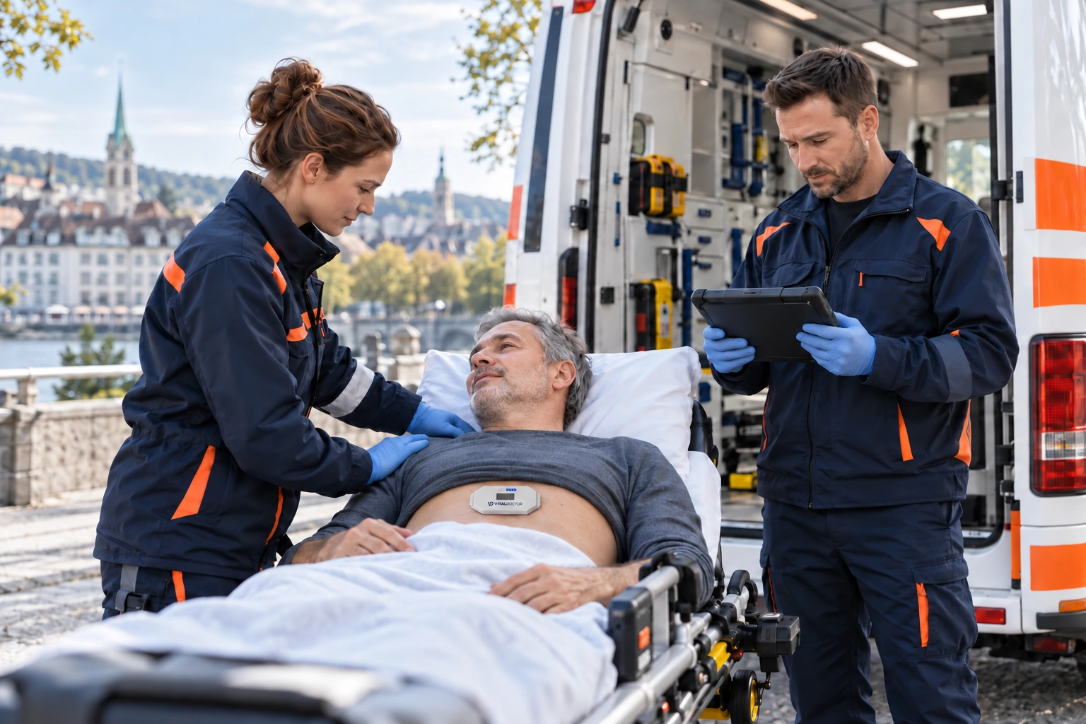 Rettungskräfte versorgen einen Patienten neben einem Rettungswagen