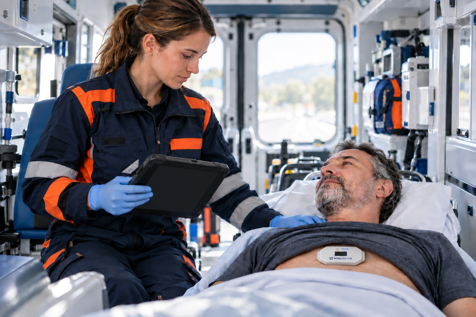 Rettungskraft überwacht einen Patienten während des Transports mit einem Tablet